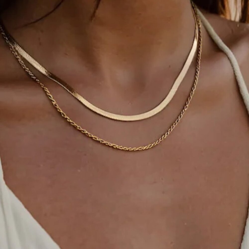 Necklace Layered Gold Herringbone & Rope Chain Necklace WATERPROOF 2 in 1 PRETTY